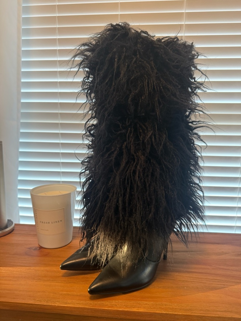 Source Unknown Black Faux Fur Knee-High Stiletto Boots